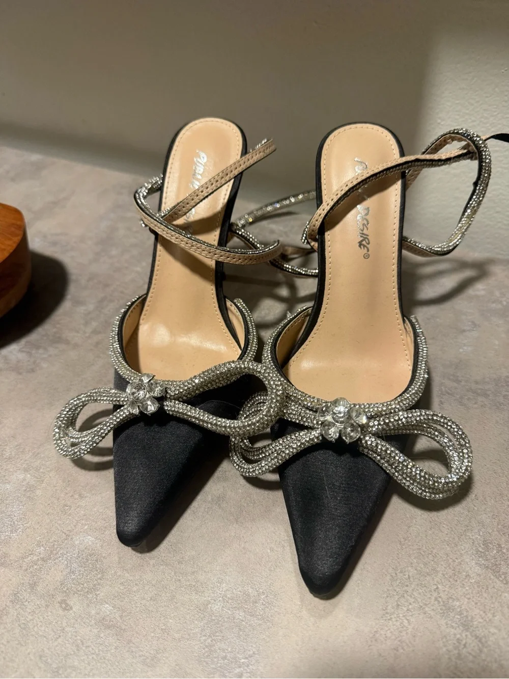 Elegant Black Satin Pointed Toe Heels with Crystal Bow